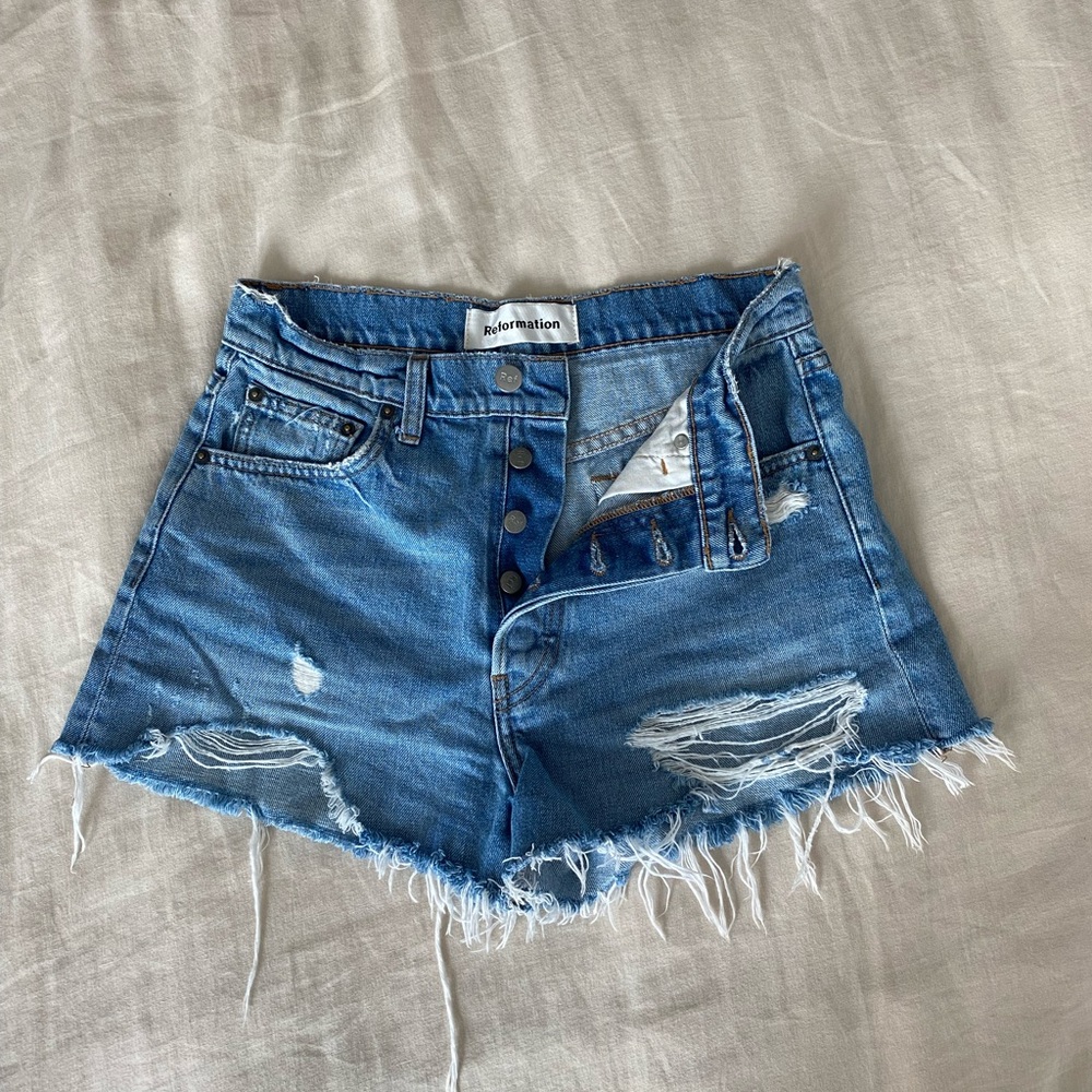 Reformation High Rise Distressed Denim Shorts